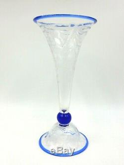 Antique Pairpoint F1057 9.75 Engraved Glass Cobalt Rim Waterford Pattern Vase