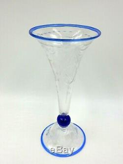 Antique Pairpoint F1057 9.75 Engraved Glass Cobalt Rim Waterford Pattern Vase