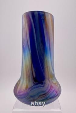 Antique Rindskopf Blue Pulled Feather Iridescent Art Glass Vase, Circa 1900
