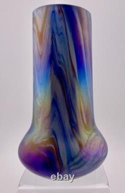Antique Rindskopf Blue Pulled Feather Iridescent Art Glass Vase, Circa 1900