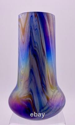 Antique Rindskopf Blue Pulled Feather Iridescent Art Glass Vase, Circa 1900