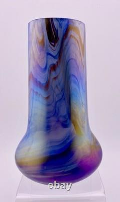 Antique Rindskopf Blue Pulled Feather Iridescent Art Glass Vase, Circa 1900