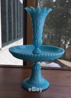 Antique SIGNED Portieux CHIMERAS 2 Piece EPERGNE Blue Milk Glass