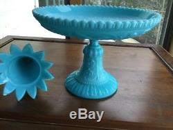 Antique SIGNED Portieux CHIMERAS 2 Piece EPERGNE Blue Milk Glass