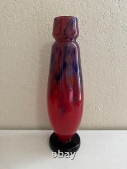 Antique Schneider France Art Deco Mottled Red Blue Glass Vase Signed 14.5