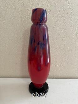 Antique Schneider France Art Deco Mottled Red Blue Glass Vase Signed 14.5