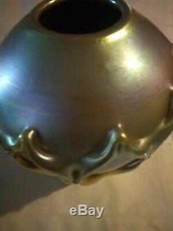 Antique Signed L. C. T. Tiffany Studios Favrile Art Glass Vase 10' Gold & Blue