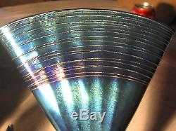 Antique Steuben Blue Aurene Art Deco Glass Fan Flower Garden Vase # 6287 Mint