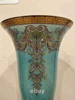 Antique Style Trumpet Glass Vase In Blue with Brass Base Hand Painted-15,5H