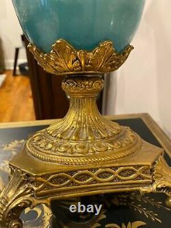 Antique Style Trumpet Glass Vase In Blue with Brass Base Hand Painted-15,5H