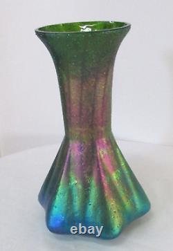 Antique Textured Loetz Art Glass Iridescent Aurene Green Blue Red Rainbow Vase