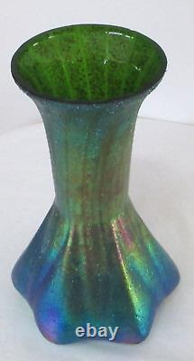 Antique Textured Loetz Art Glass Iridescent Aurene Green Blue Red Rainbow Vase