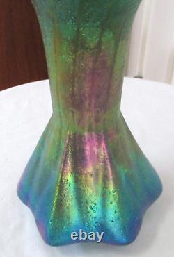 Antique Textured Loetz Art Glass Iridescent Aurene Green Blue Red Rainbow Vase