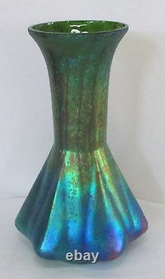 Antique Textured Loetz Art Glass Iridescent Aurene Green Blue Red Rainbow Vase