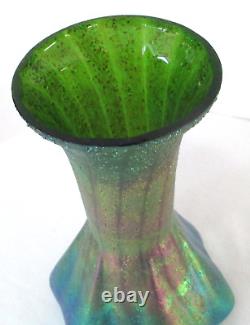 Antique Textured Loetz Art Glass Iridescent Aurene Green Blue Red Rainbow Vase