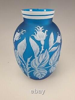 Antique Thomas Webb English Prussian Blue Carved Cameo Glass Vase c1875