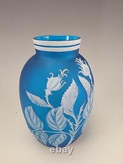Antique Thomas Webb English Prussian Blue Carved Cameo Glass Vase c1875