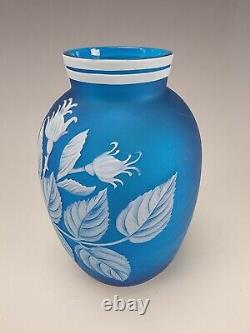 Antique Thomas Webb English Prussian Blue Carved Cameo Glass Vase c1875