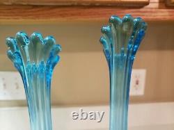 Antique US Glass Company No. 15021 Blue Swung Bud Vase c. 1904 Pair