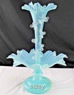 Antique Uranium European French Art Glass Opalescent Blue Epergne Rigaree Vase