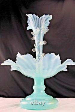 Antique Uranium European French Art Glass Opalescent Blue Epergne Rigaree Vase