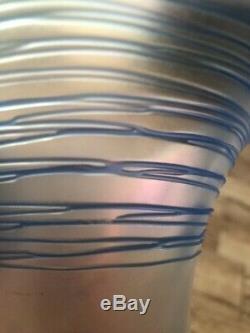 Antique Verre De Soie Steuben Blue Threaded Iridescent Art Glass Vase