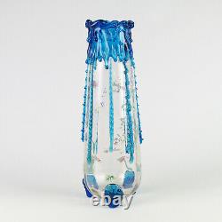 Antique Victorian Art Glass Vase w Blue Rigaree & HP Floral, Harrach Moser 13