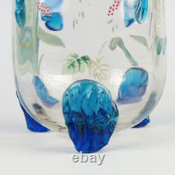 Antique Victorian Art Glass Vase w Blue Rigaree & HP Floral, Harrach Moser 13