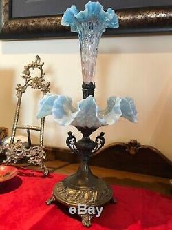 Antique Victorian Baby Blue Glass Footed Angel Cherub Epergne