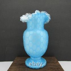 Antique Victorian Blue Cased Glass Honeycomb Quilted Optic Vase 10.5