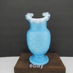 Antique Victorian Blue Cased Glass Honeycomb Quilted Optic Vase 10.5