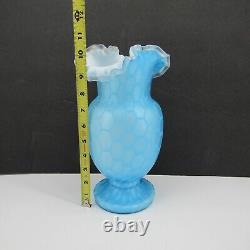 Antique Victorian Blue Cased Glass Honeycomb Quilted Optic Vase 10.5