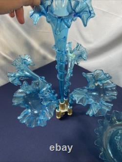 Antique Victorian Blue-ish Ruffled Glass Fluted Epergne Centerpiece Vase