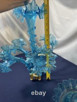 Antique Victorian Blue-ish Ruffled Glass Fluted Epergne Centerpiece Vase