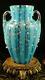 Antique Victorian Bohemian Harrach Blue Opalescent Hand Painted Art Glass Vase