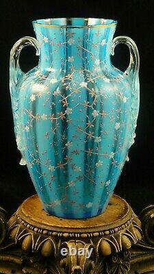 Antique Victorian Bohemian Harrach Blue Opalescent Hand Painted Art Glass Vase