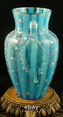 Antique Victorian Bohemian Harrach Blue Opalescent Hand Painted Art Glass Vase