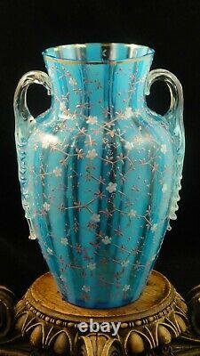 Antique Victorian Bohemian Harrach Blue Opalescent Hand Painted Art Glass Vase