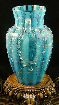 Antique Victorian Bohemian Harrach Blue Opalescent Hand Painted Art Glass Vase