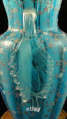 Antique Victorian Bohemian Harrach Blue Opalescent Hand Painted Art Glass Vase