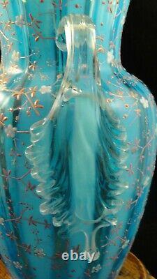 Antique Victorian Bohemian Harrach Blue Opalescent Hand Painted Art Glass Vase