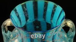 Antique Victorian Bohemian Harrach Blue Opalescent Hand Painted Art Glass Vase