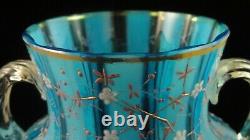 Antique Victorian Bohemian Harrach Blue Opalescent Hand Painted Art Glass Vase