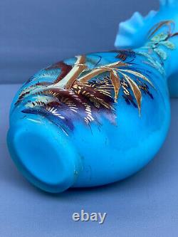 Antique Victorian Bohemian Harrach Vase Blue Opaline Glass Hand Painted Bird 11