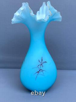Antique Victorian Bohemian Harrach Vase Blue Opaline Glass Hand Painted Bird 11