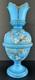Antique Victorian Bristol Art Glass Vase 12 Blue Opaline Enameled Flowers