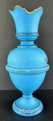 Antique Victorian Bristol Art Glass Vase 12 Blue Opaline Enameled Flowers