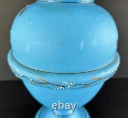 Antique Victorian Bristol Art Glass Vase 12 Blue Opaline Enameled Flowers