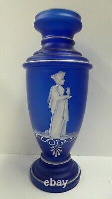 Antique Victorian Cobalt Blue Glass Vase Hand Painted Enamel Mary Gregory Lady