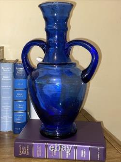 Antique Vtg Hand Blown Cobalt Blue Glass Vase With Applied Handles 12